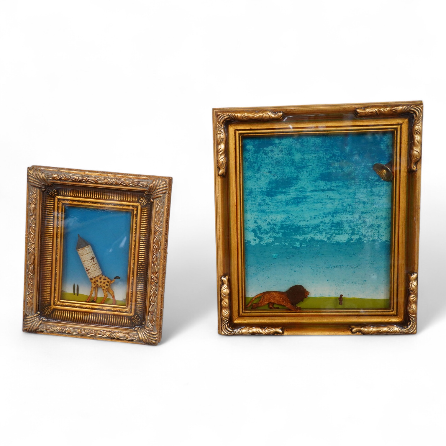 Bo Fowler, two contemporary resin plaques religious with religious themes to include ‘The Ivory Tower’, signed and dated 2023 verso, each framed, largest 38cm high